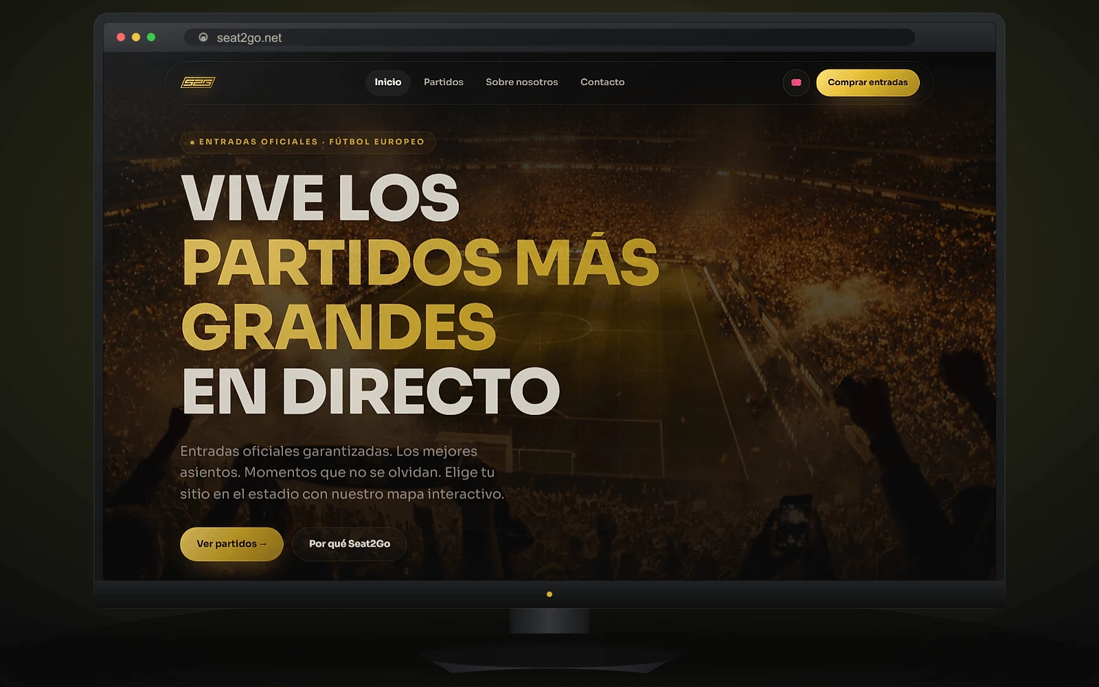 Web Seat2Go — venta de entradas oficiales de fútbol con mapa de estadio y checkout